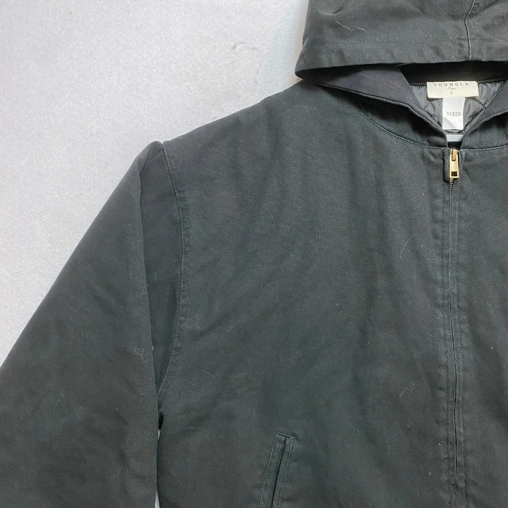 YoungLA Canvas Hooded Jacket Mens Large Black Quilted Lined Full Zip Workwear